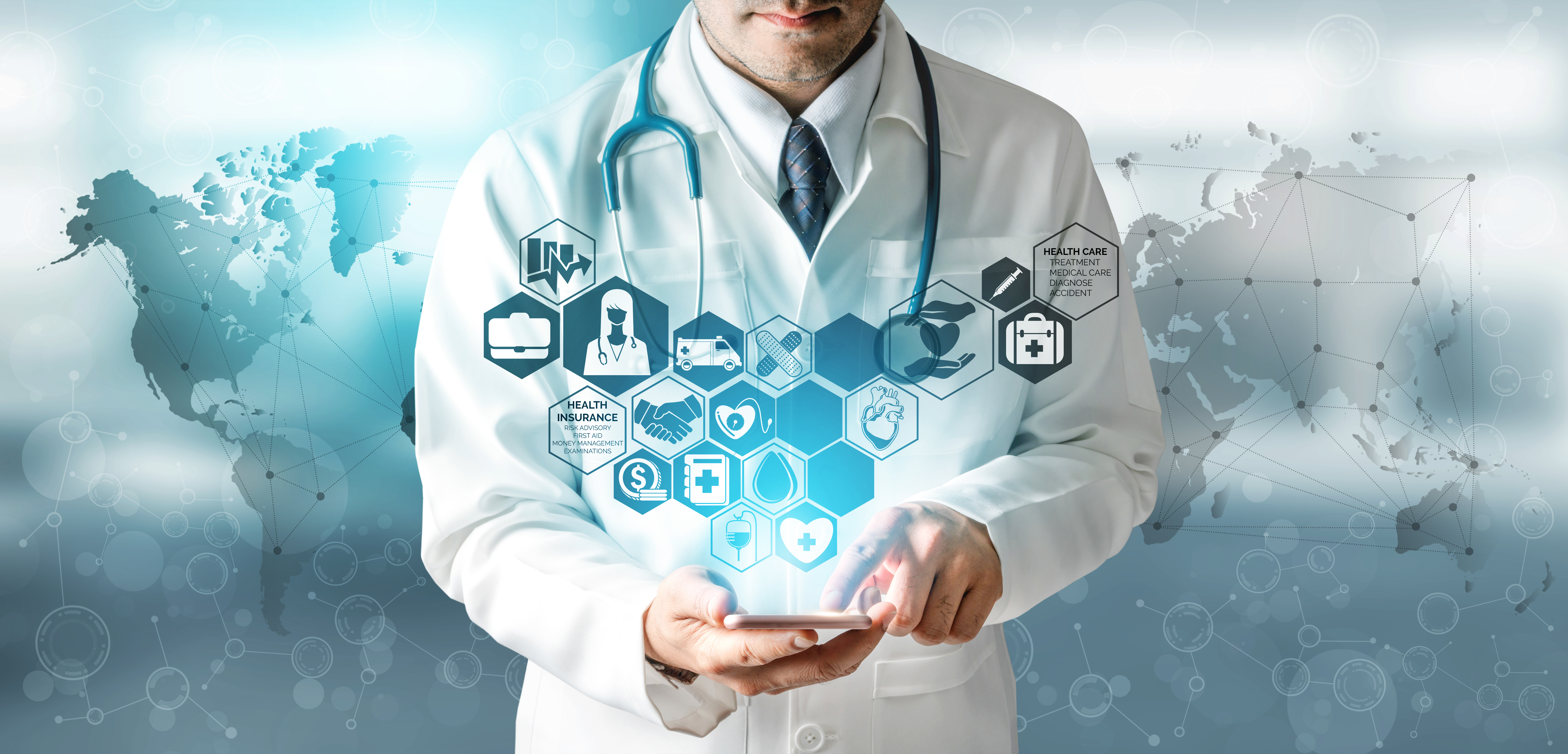 doctor using a device with floating icons